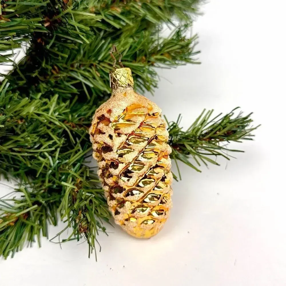 INGE-GLAS Christmas Ornament Blown Glass Shimmering Gold Pinecone 3,5